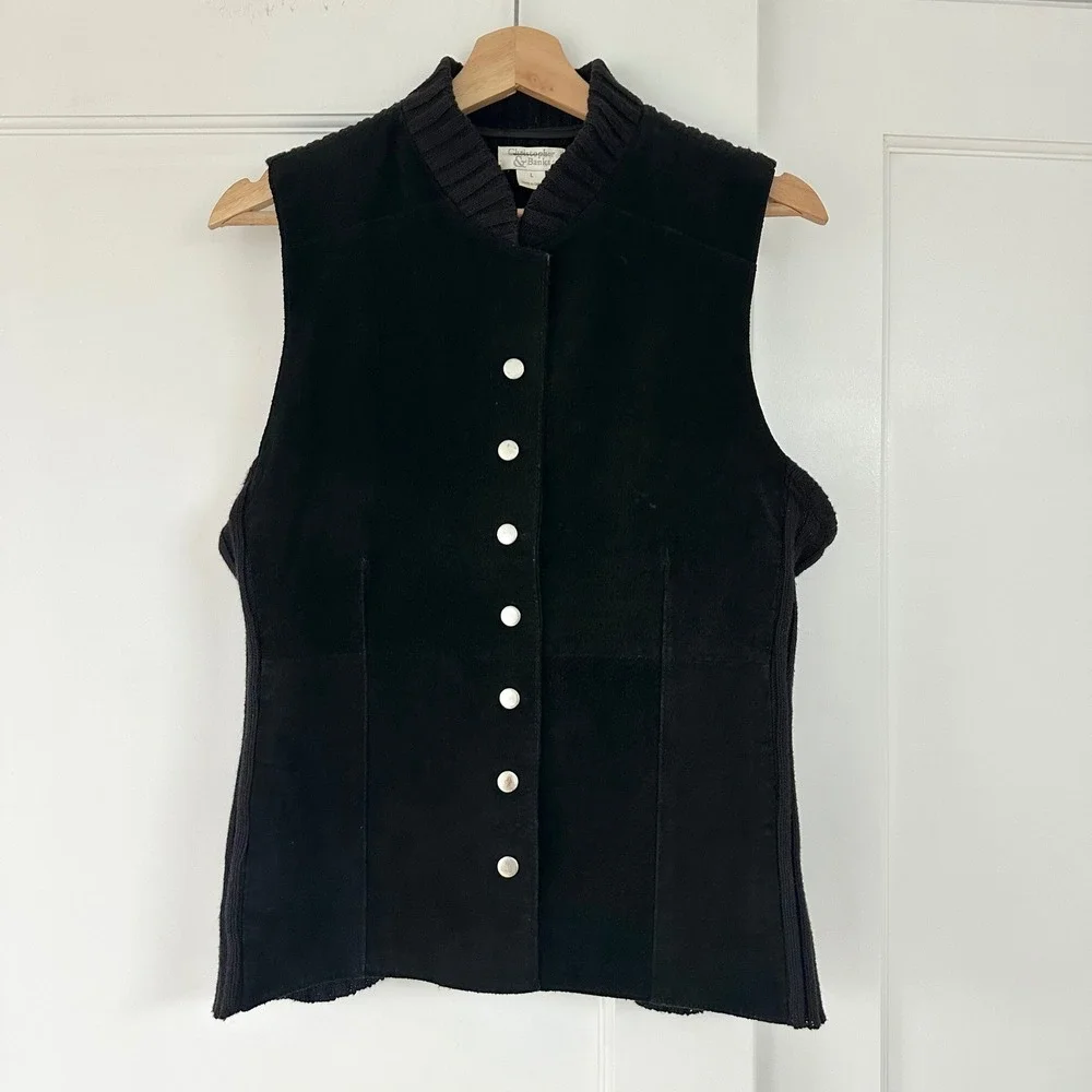 Christopher & Banks Black Suede Leather‎ Ribbed Knit Back Snap Front Vest Large